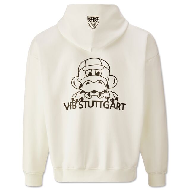 Rückseite mit VfB Wappen auf dem Hoodie und großem Fritzle Print, inklusive Schriftzug VfB Stuttgart. 