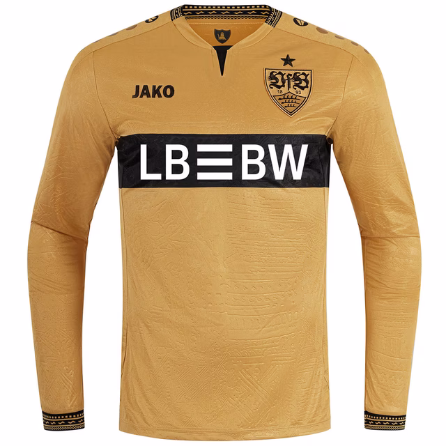 Langarmtrikot in gold mit schwarzem Brustring und schwarzen Verzierungen an Kragen und Ärmeln 