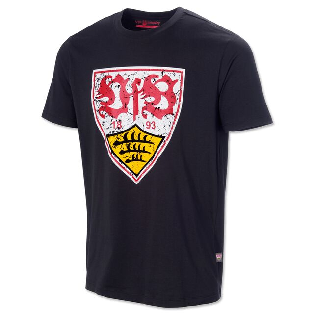schwarzes T-Shirt mit VfB-Wappen im Used Look