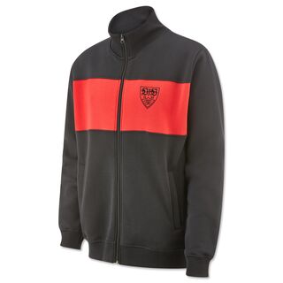 schwarze Jacke mit Reißverschluss mit rotem Brustring und VfB Wappen auf der Brust