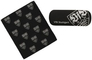 schwarzes Brillenputztuch mit vielen kleinen VfB Wappen und schwarzes Brillenetui mit einem großen VfB Wappen und der Aufschrift VfB Stuttgart