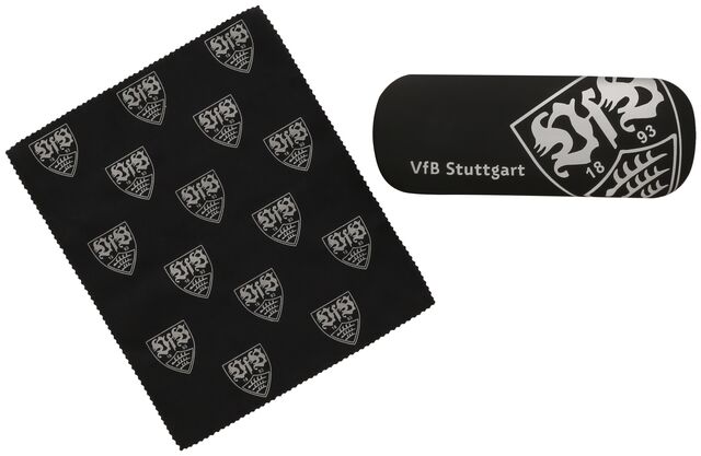 schwarzes Brillenputztuch mit vielen kleinen VfB Wappen und schwarzes Brillenetui mit einem großen VfB Wappen und der Aufschrift VfB Stuttgart
