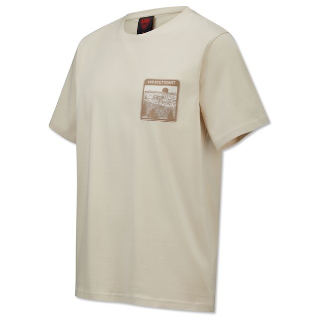 beigefarbenes T-Shirt mit beigefarbener Grafik von Stuttgart auf der Brust