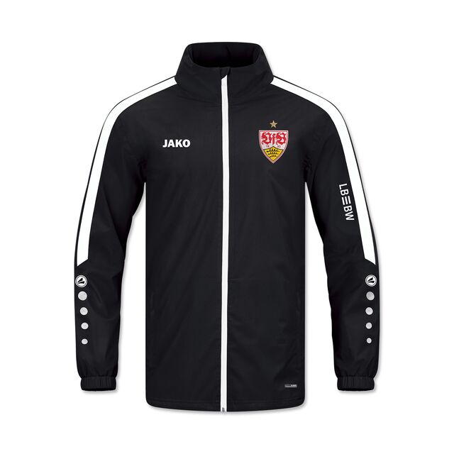 Jacke in schwarz mit weißem Zipper und und weißen Streifen an den Ärmeln. VfB Wappen auf der Brust und JAKO Logo.