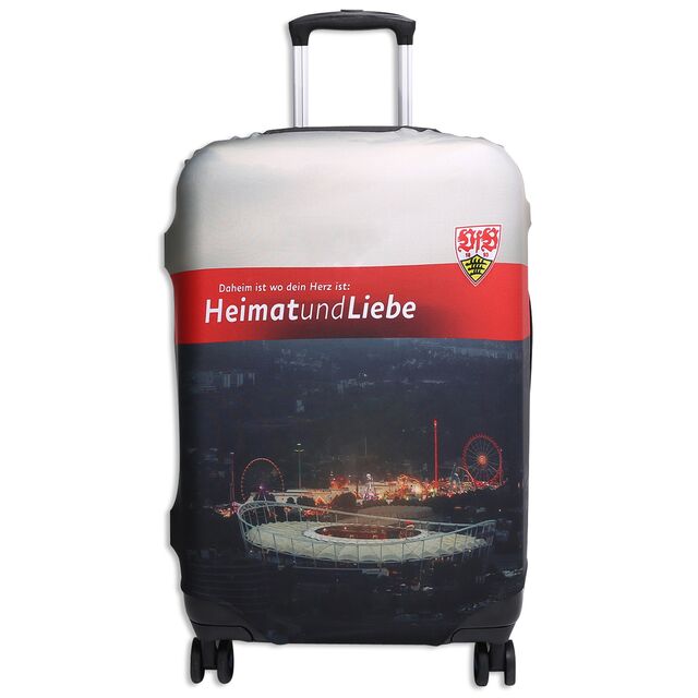 Kofferhülle mit Bild vom Stadion und dem Cannstatter Wasen, darüber die Aufschrift Heimat und Liebe