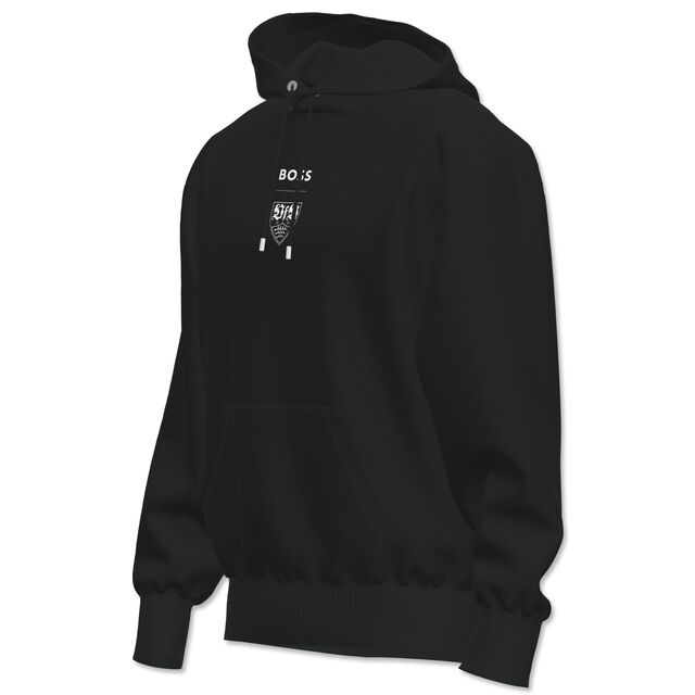 Hoodie in schwarz mit weißem VfB Wappen und Boss Logo in der Mitte 
