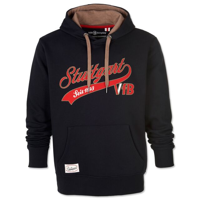 schwarzer Hoodie mit Kängurutaschen und mit der roten Aufschrift Stuttgart seit 1893 VfB