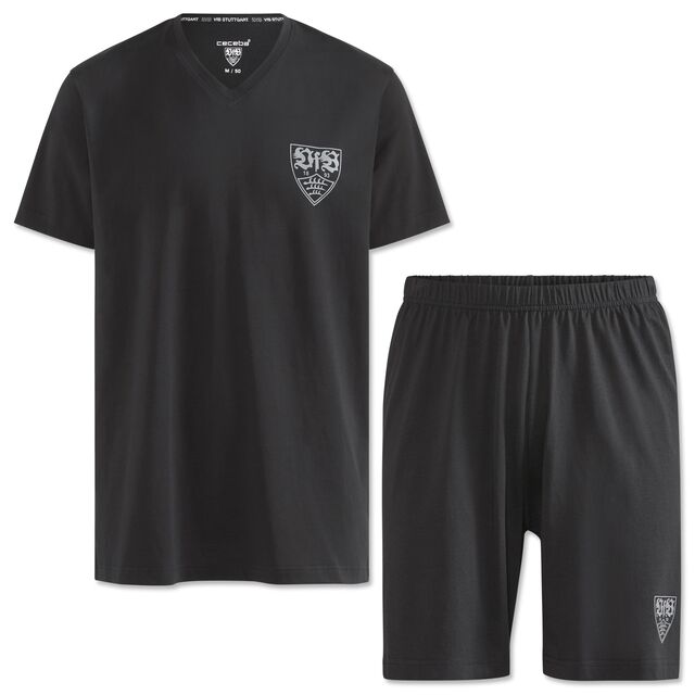 schwarzes T-Shirt mit grauem VfB Wappen auf der Brust und schwarze Shorts mit grauem VfB Wappen an der Seite