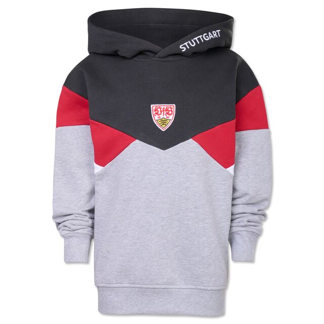 Hoodie in Grau, Rot und Schwarz mit VfB Wappen und kleiner Aufschrift VfB Stuttgart am der Kapuze