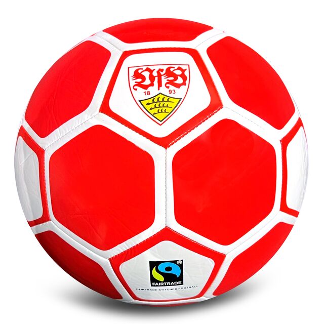 weiß-roter Ball mit VfB Wappen und Fairtrade Logo