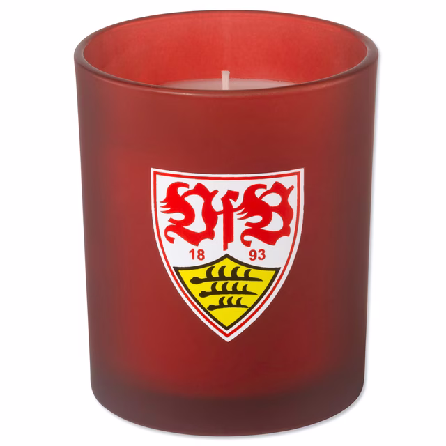 Duftkerze mit rotem Glasbehälter mit VfB Wappen