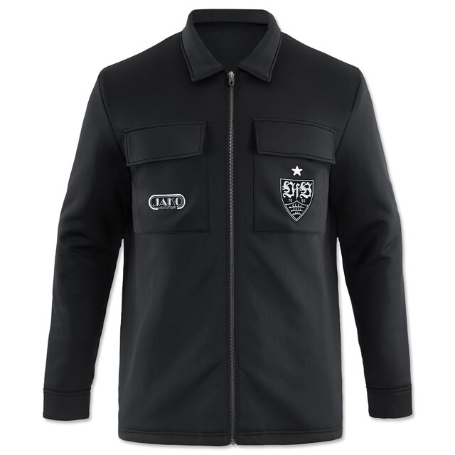 schwarze Jacke mit großen Brusttaschen, Kragen und Reissverschluss mit weißem JAKO LOGO und VfB Wappen auf den Taschen