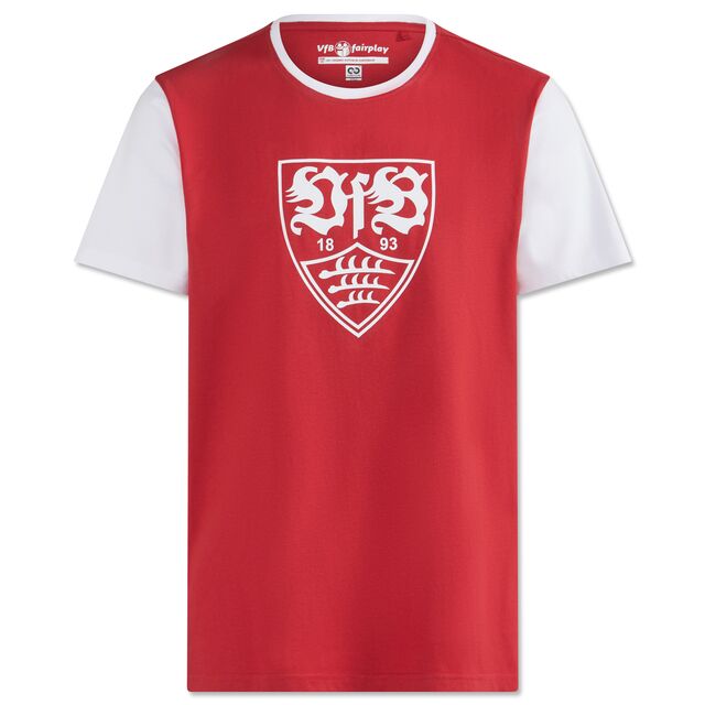rotes T-Shirt mit weißen Ärmeln und weißem VfB Wappen auf der Brust