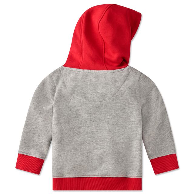 Rückseite des Hoodies in Grau und Rot
