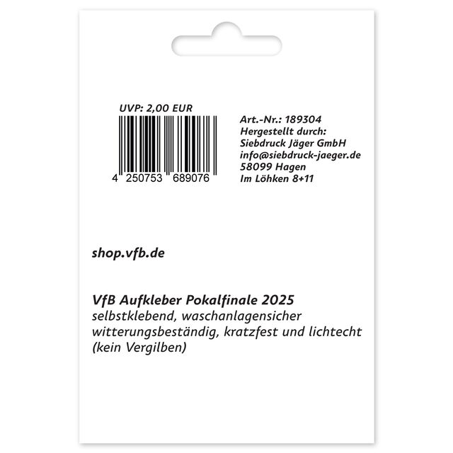 Rückseite des VfB Aufklebers Pokalsieger 2025 mit Informationen zum Aufkleber