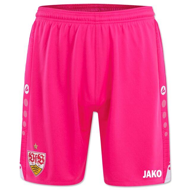 pinke Shorts mit VfB Wappen auf dem einen Bein und JAKO Schriftzug auf dem anderen Bein
