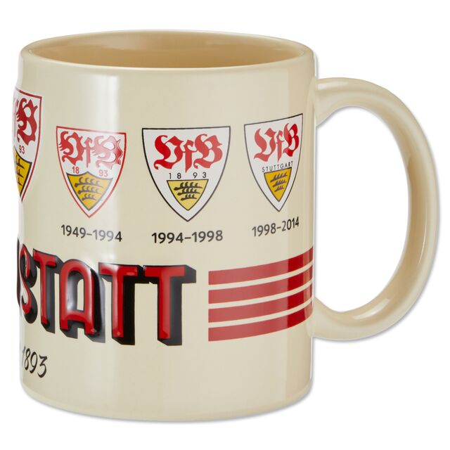 beigefarbene Tasse mit Schriftzug Cannstatt und allen VfB Wappen seit 1893 
