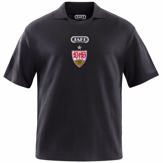 Schwarzes Polo mit schwarzem Kragen, VfB Wappen und JAKO Logo in der Mitte 
