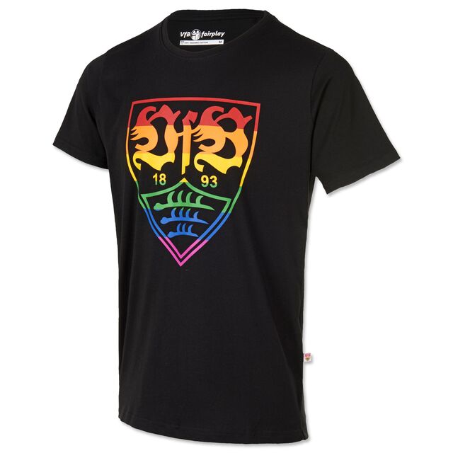 schwarzes T-Shirt mit großem VfB Wappen in Regenbogenfarben