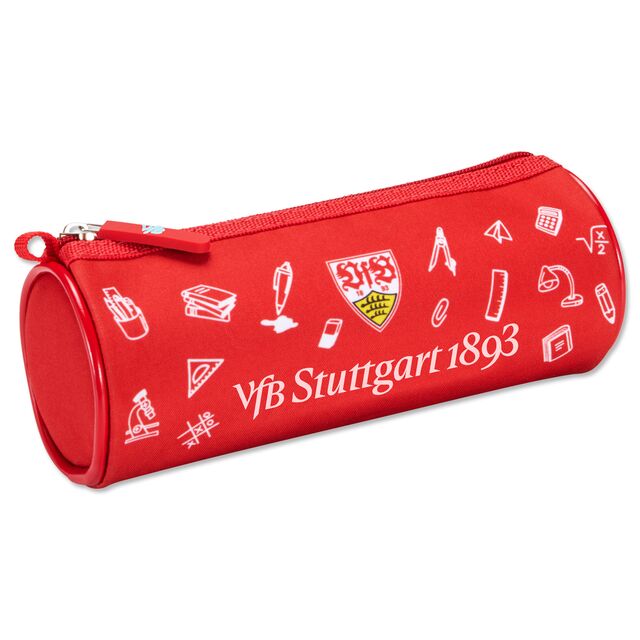 Federmäppchen in rot mit Schulmotiven, VfB Wappen und Schriftzug VfB Stuttgart 1893