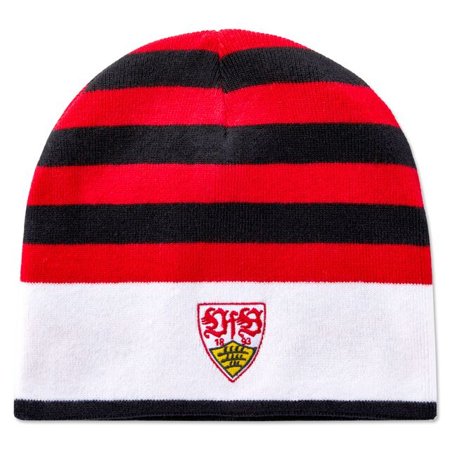 schwarz-rot gestreifte Beanie mit weißem unteren Rand und dem VfB Wappen