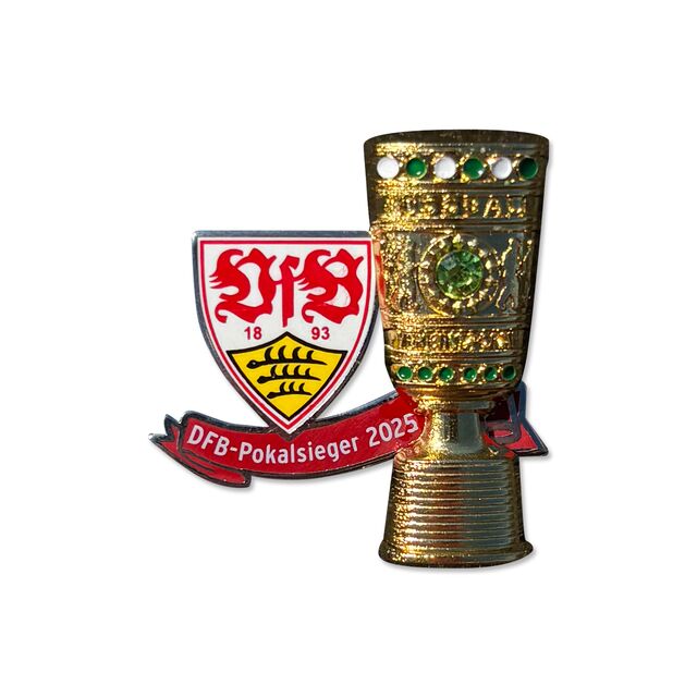 DFB-Pokal, VfB Wappen und die Aufschrift DFB-Pokalsieger 2025 als Pin