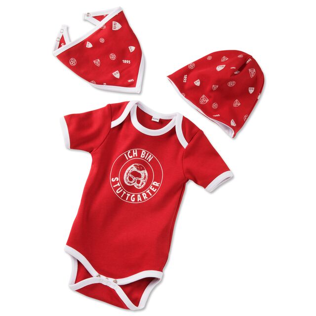 Set aus rotem Baby Body, Lätzchen und Mütze mit VfB Motiven