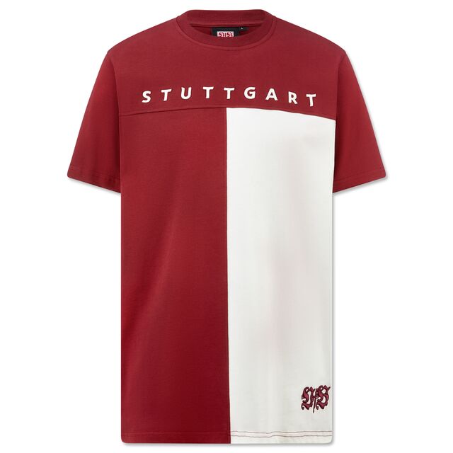 T-Shirt in Burgunderrot und Weiß mit der Aufschrift Stuttgart