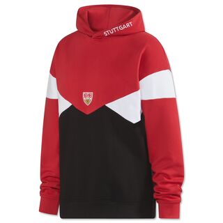 Hoodie in Rot, Weiß und Schwarz mit kleinem VfB Wappen in der Mitte und der Aufschrift Stuttgart an der Kapuze