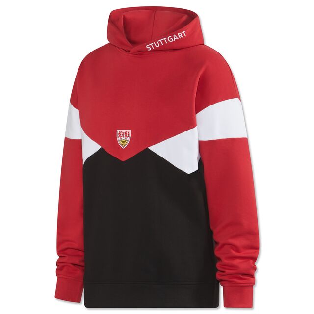 Hoodie in Rot, Weiß und Schwarz mit kleinem VfB Wappen in der Mitte und der Aufschrift Stuttgart an der Kapuze