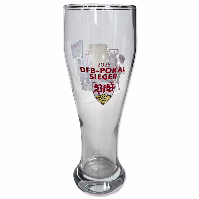 Weizenbierglas mit der Aufschrift 2025 DFB-Pokal Sieger und dem VfB Wappen