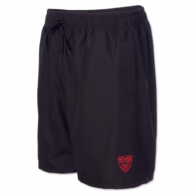 schwarze Badeshorts mit kleinem roten VfB Wappen