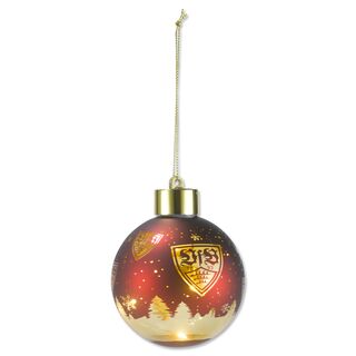 rote Christbaumkugel mit goldenen, leuchtenden VfB Wappen und Weihnachtsmotiven