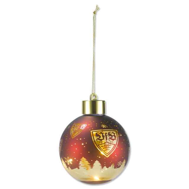 rote Christbaumkugel mit goldenen, leuchtenden VfB Wappen und Weihnachtsmotiven