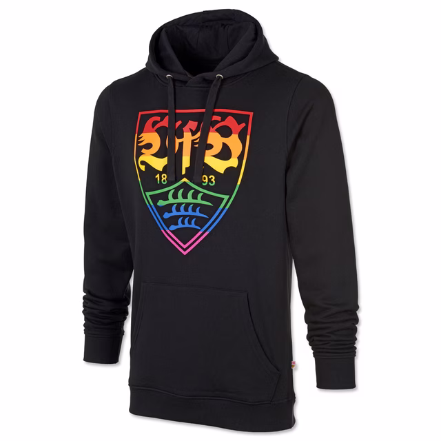 schwarzer Hoodie mit VfB Wappen in Regenbogenfarben