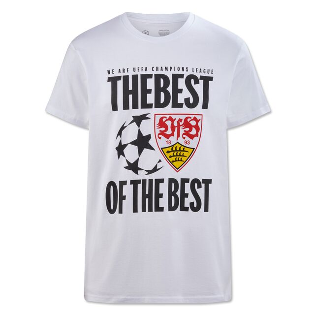 weißes T-Shirt mit VfB Wappen und Champions League Ball und der Aufschrift The Best Of The Best