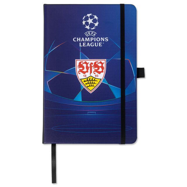 blaues Notizbuch mit VfB Wappen und Champions League Logo 