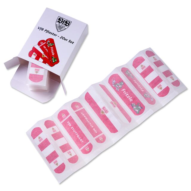 Pflaster mit vier unterschiedlichen rot-weißen VfB-Designs aus dem Pflasterset