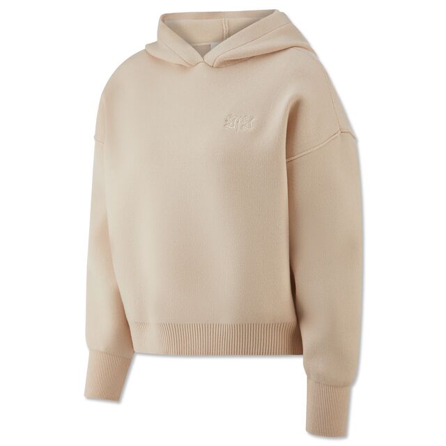 beigefarbener Hoodie mit Damenschnitt mit kleinem, beigefarbenem VfB Logo auf der Brust