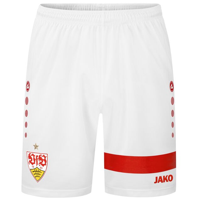 weiße Shorts mit rotem Brustring auf dem einen und VfB Wappen auf dem anderen Bein
