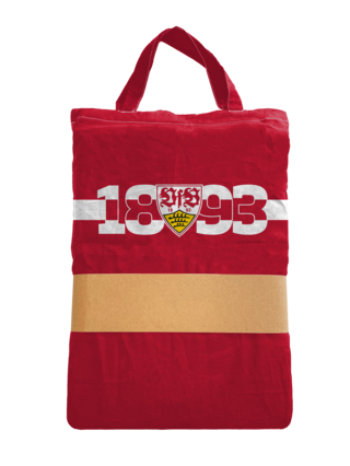 rote Tragetasche mit weißem Brustring, VfB Wappen und der Aufschrift 1893