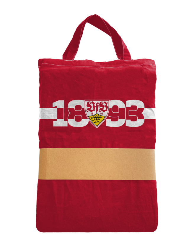 rote Tragetasche mit weißem Brustring, VfB Wappen und der Aufschrift 1893