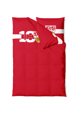 rote Bettwäsche mit weißem Brustring, VfB Wappen und der Aufschrift 1893
