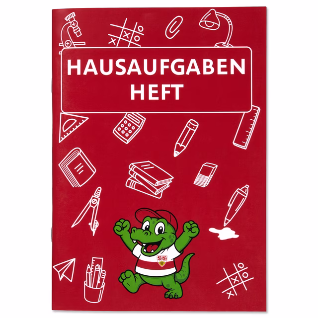 Rotes Hausaufgabenheft mit Schulmotiven und Fritzle 