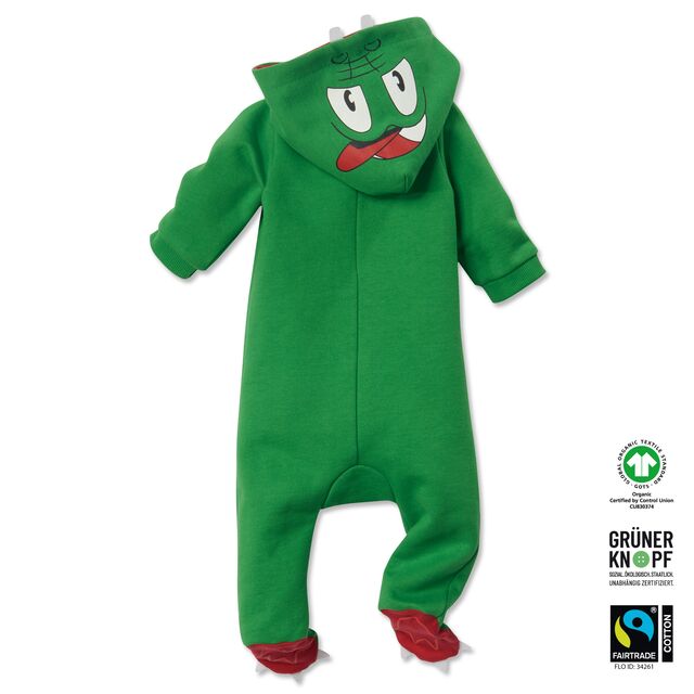 grüner Strampler mit Krokodil Kapuze und Krokodil Füßen