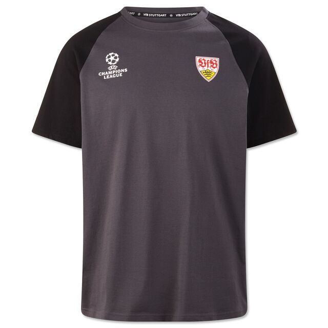 graues T-Shirt mit schwarzen Ärmeln mit Champions League Logo und VfB Wappen auf der Brust 