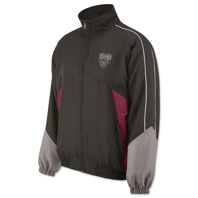 Jacke in schwarz mit grauem VfB Jacken auf der Brust und Akzenten in Violett 