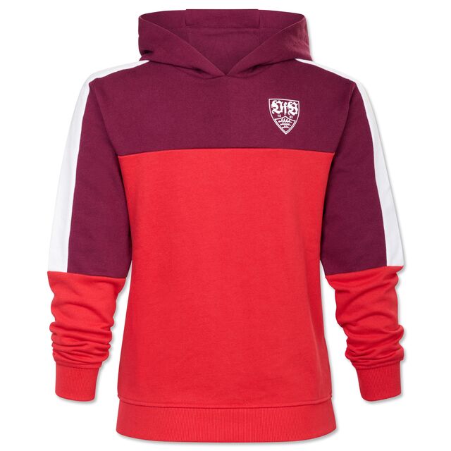 Hoodie in verschiedenen Rottönen mit weißem VfB Wappen auf der Brust