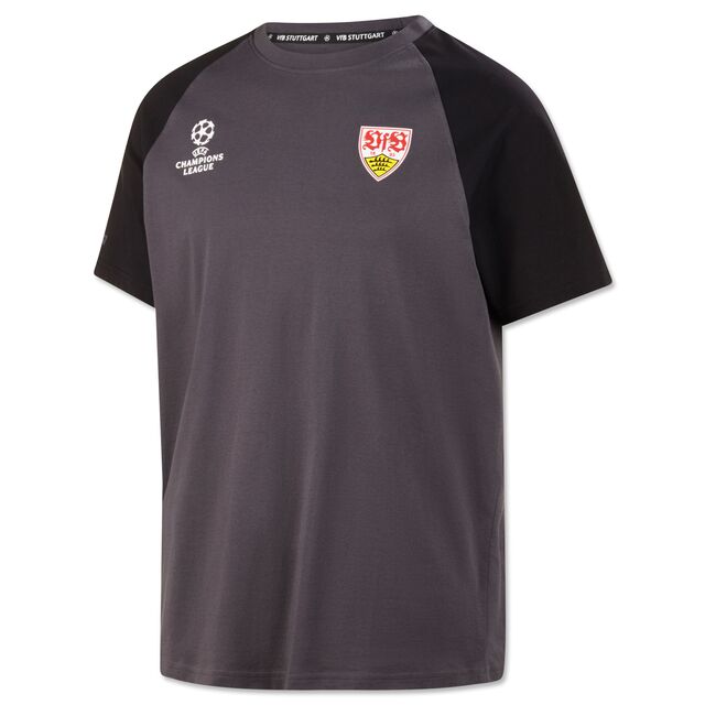 graues T-Shirt mit schwarzen Ärmeln mit Champions League Logo und VfB Wappen auf der Brust 