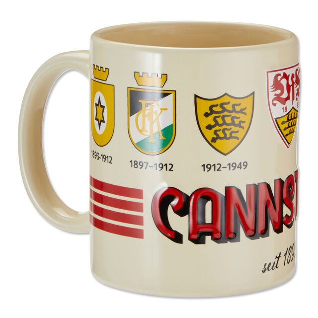 beigefarbene Tasse mit Schriftzug Cannstatt und allen VfB Wappen seit 1893 
